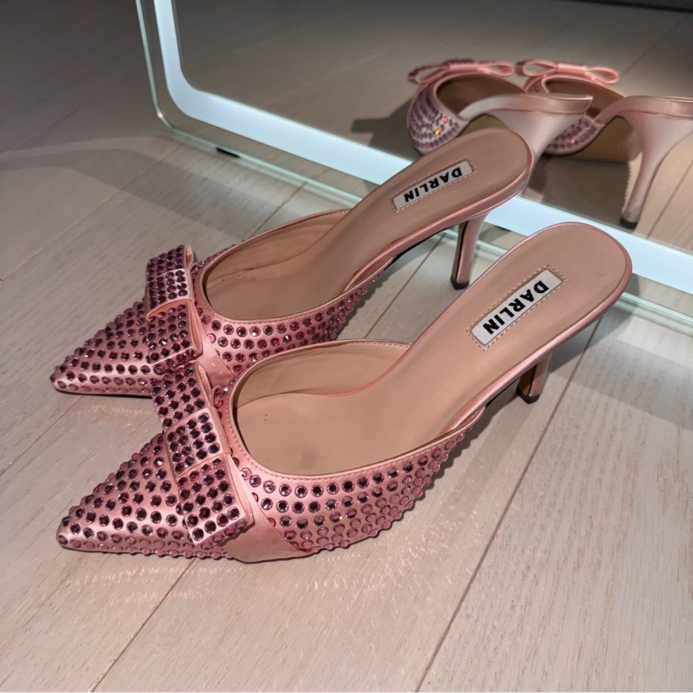 Darlin Pink Bow Diamanté Women's Heel Mules - Picture 3 of 7